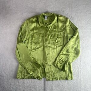 VTG Anna And Frank Green Long Sleeve Silk Collared Button Up Pajama Top Womens M
